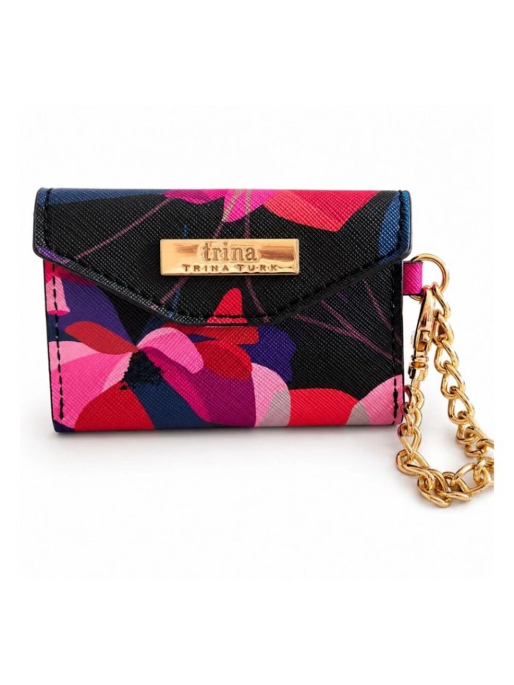 Trina Turk Pink Black Floral Bloom Coin Purse Keychain Wallet Gold Hardware